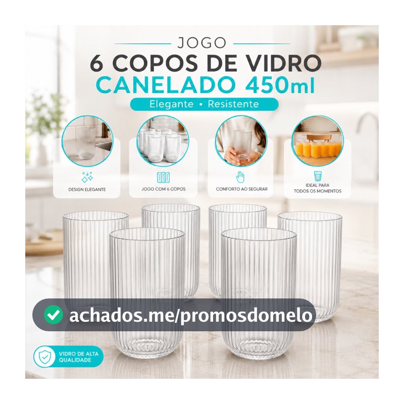 Jogo 6 Copos de Vidro Canelado 450ml Elegante Resistente para Água Suco e Drinks