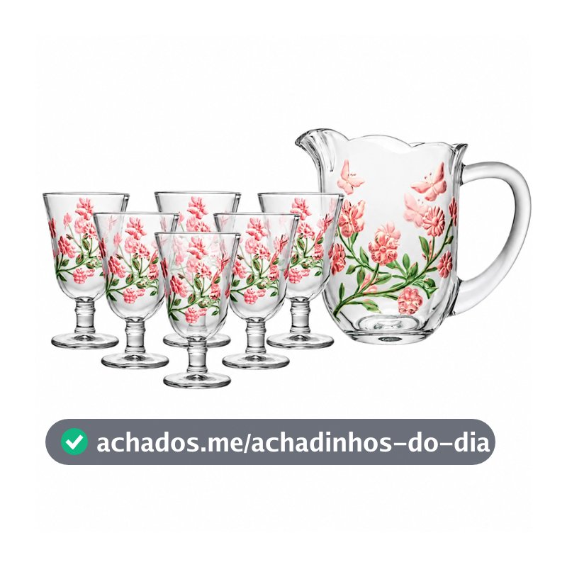 Conjunto Jarra Com Taça 240ml Lys Florido Rosa 7 Peças Elegante Lyor
