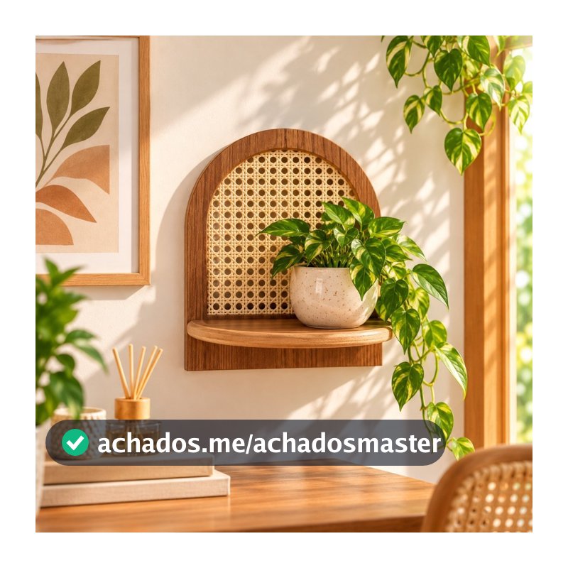 Prateleira Decorativa Boho com Palha Indiana Natural MDF Parede Arredondada