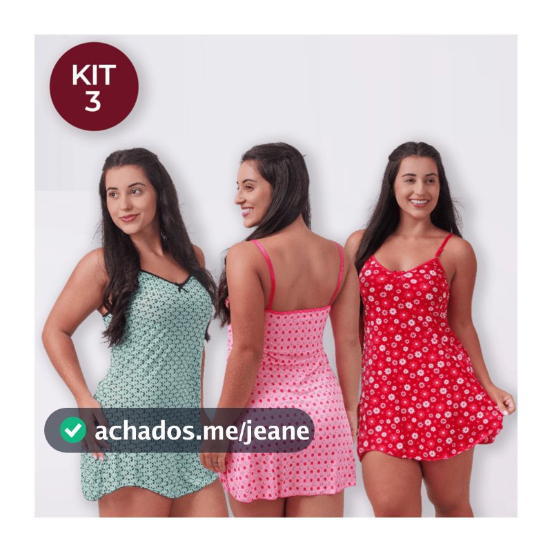 Kit 3 Camisolas Feminina de Poliéster Estampada Adulto Pijama Feminino Camisola Vestido de Dormir