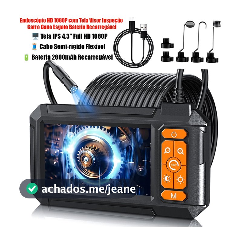 Endoscópio de 5 metros com câmera frontal HD, Câmera 1080P, À Prova D'água IP67 sonda de inspeção industrial