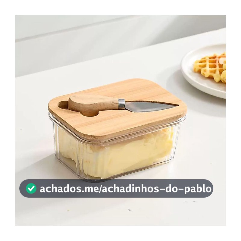 Manteigueira De Acrílico C/ Espátula Tampa Bambu Porta Manteiga 400ml