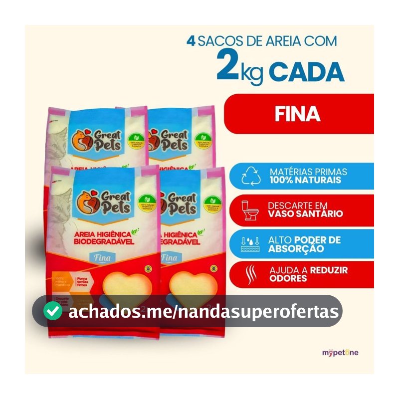 Kit 4 Areia Biodegradável Fina 2 Kg para Gatos - Great Pets