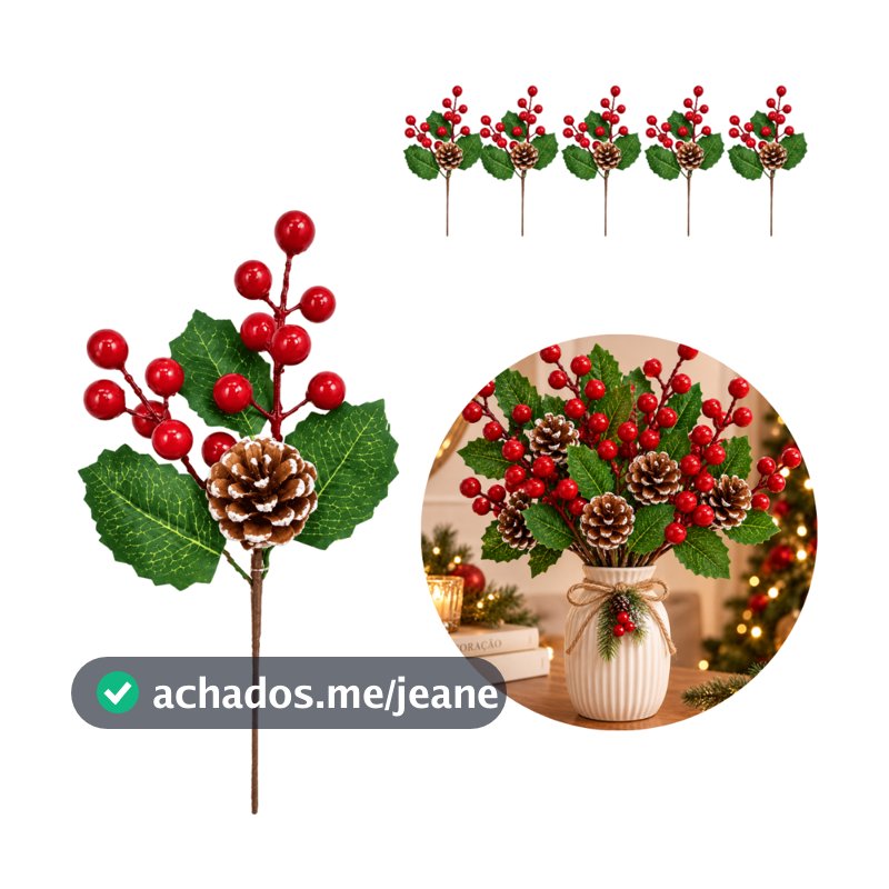 Kit Galhos Natalinos Azevinhos Cerejinha Pinha Flores de Natal Artificiais, Enfeites para Árvore de Natal e Decoração