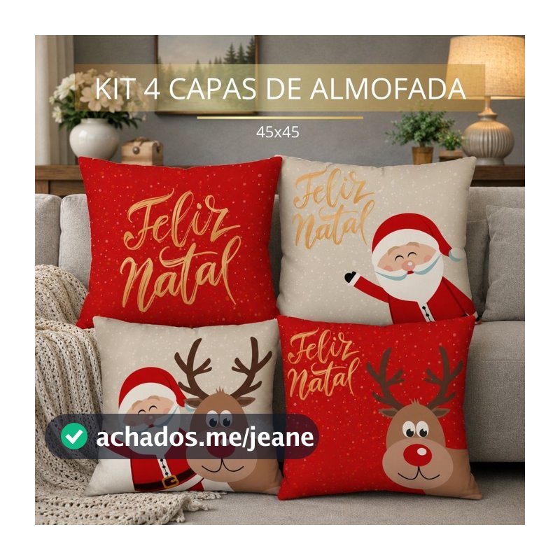 NATAL! Kit com 4 Capas para Almofadas Decorativas Natal Papai Noel 45x45 cm