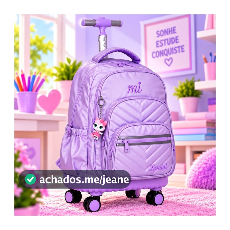 Mochila Escolar Feminina Nylon Resistente Infantil Rosa de Rodinhas com Bolsos e Chaveiro Gatinha