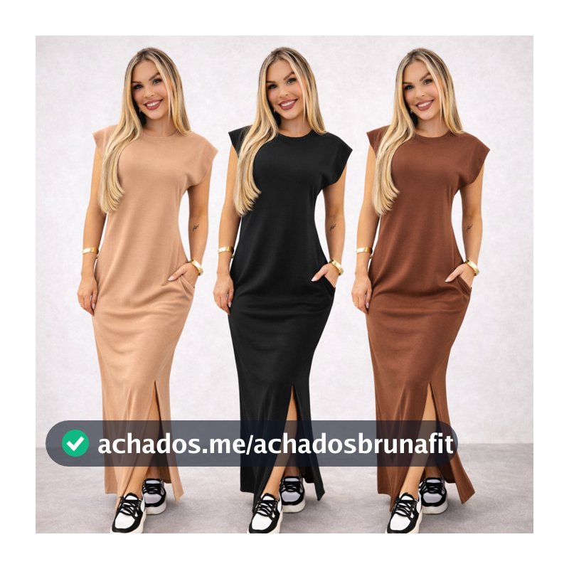 Vestido longo casual basico feminino ribana canelada manga muscle moda gringa preto marrom plus size