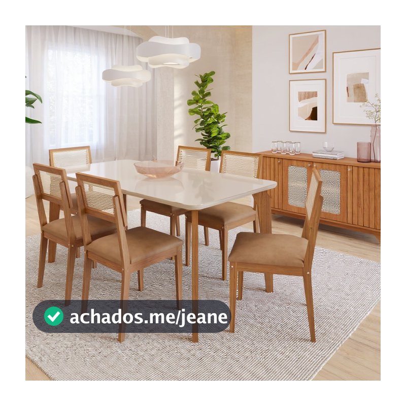 Conjunto Mesa de Jantar Vitória 160x80 Tampo Vidro 6 Cadeiras Guarapari Tela Sextavada Estofado em Couríssimo