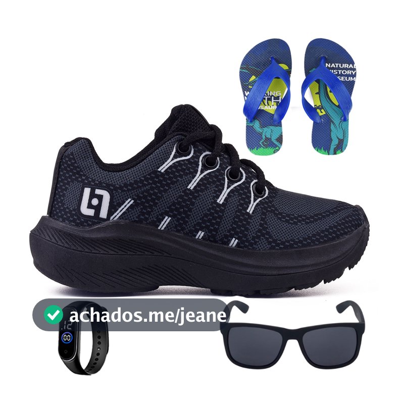 Tenis Infantil Meninos Casual Escolar Preto + Chinelo + Oculos + Relogio