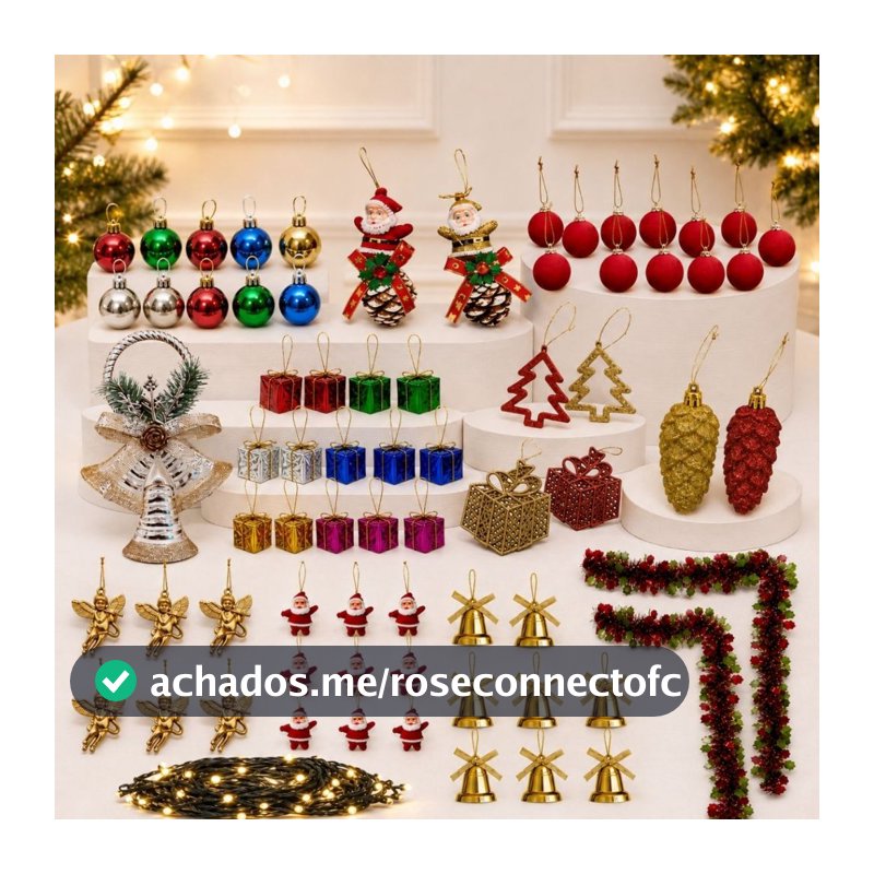 Kit 69 Peças Completo Enfeites de Natal para Árvore com Bolas Papai Noel Anjos Sinos Festão e Pisca-Pisca Natalino