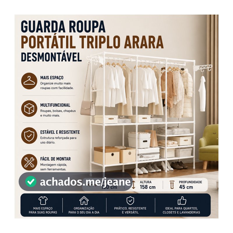 Guarda Roupa Portátil Triplo Arara Desmontável Organizador Estrutura de Aço Casal