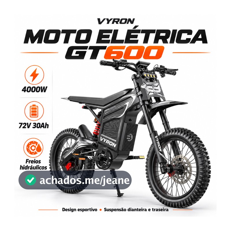 VYRON GT600 Moto Elétrica Off-Road 4000W Pico 7500W, 72V 30Ah, 80km/h, 100km Freio Hidráulico