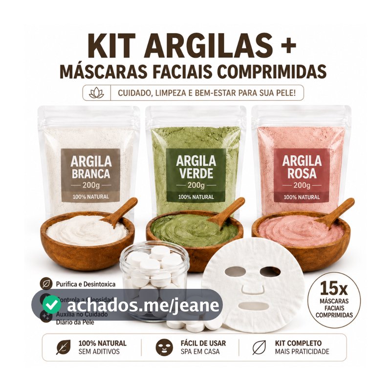 Kit Skincare Natural 3 Argilas 200g mais 15 Máscaras Faciais Comprimidas Spa Facial Completo