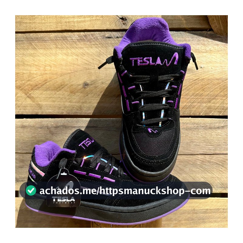 Tênis Tesla Coil Black White Casual Reflect Bordado Camurça Premium Esportivo