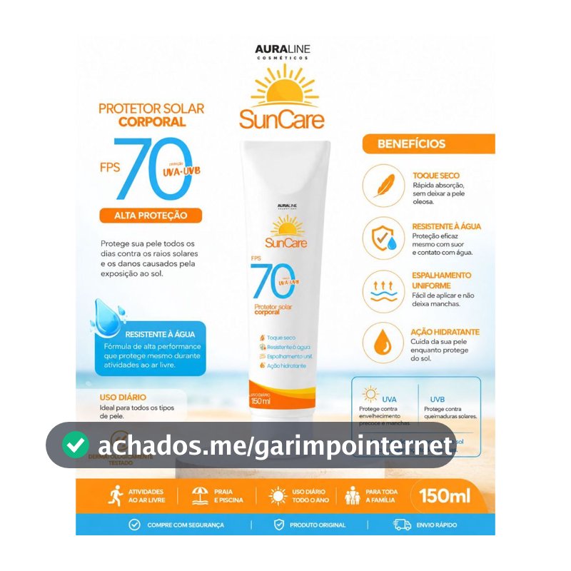 Protetor Solar Corporal FPS 70 150ml Toque Seco Resistente à Água Proteção UVA e UVB