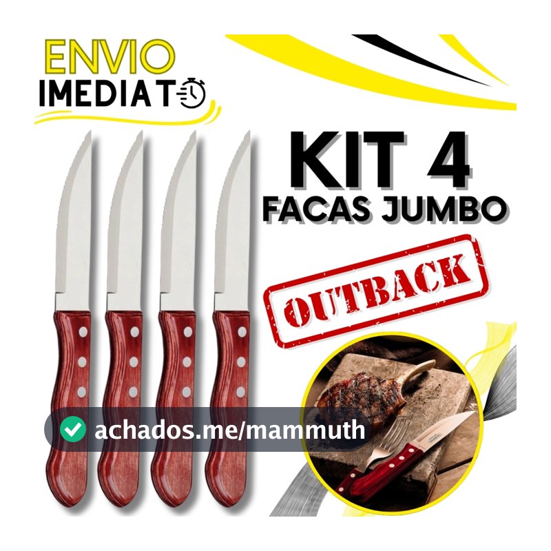 Jogo de Talher KIT 4 Peças Faca Jumbo Outback Cabo De Madeira Inox Wooden Para Churrasco Carne Casa com Serra Serrilhada