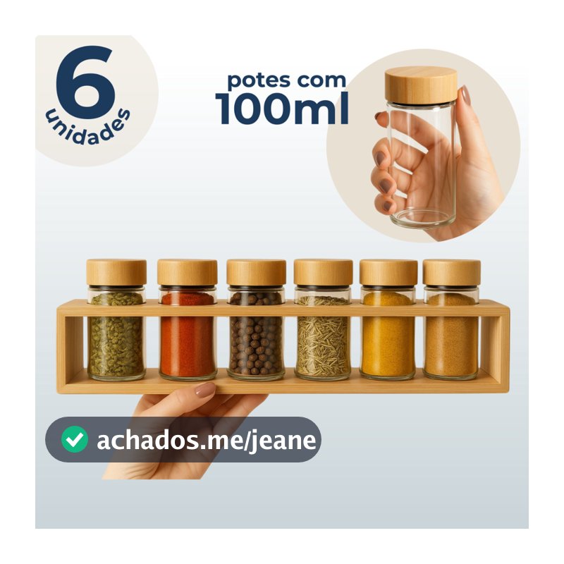 Kit 6 Potes De Vidro Porta Tempero Condimentos 100ml Com Suporte E Tampa Em Bambu