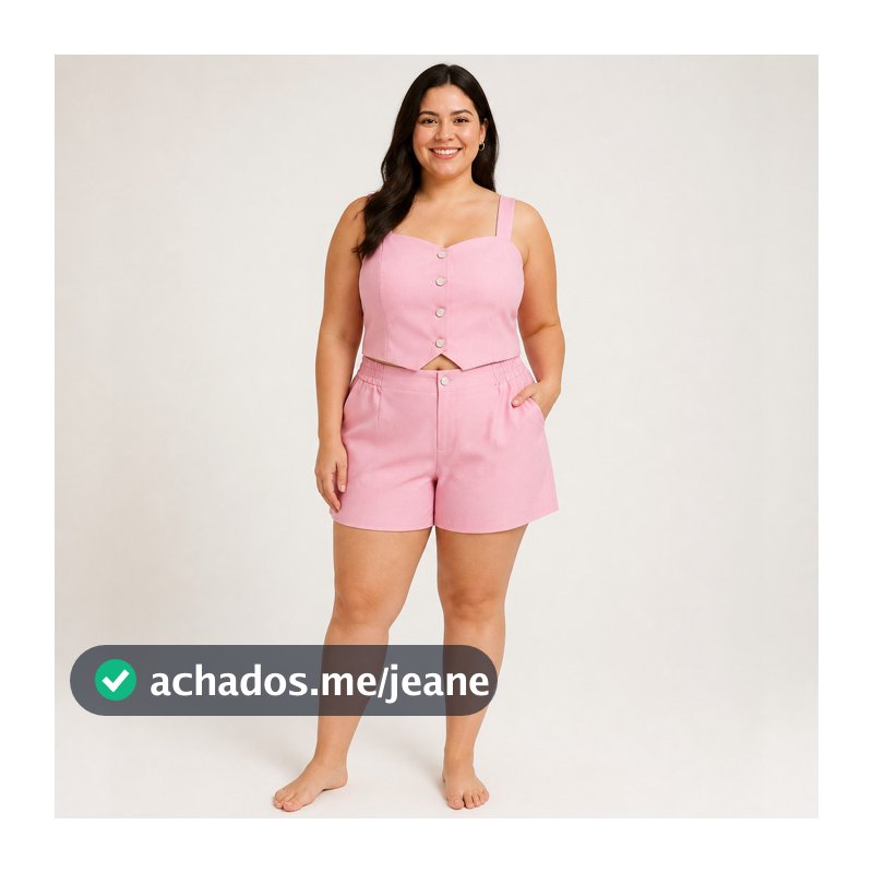 Conjunto Plus Size em Tecido Twill Cropped e Short - Rosa Claro