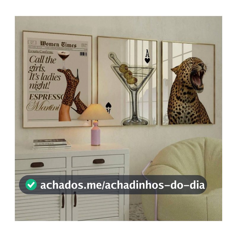 Quadros decorativos salto leopardo martini e onça rugindo (3 peças)