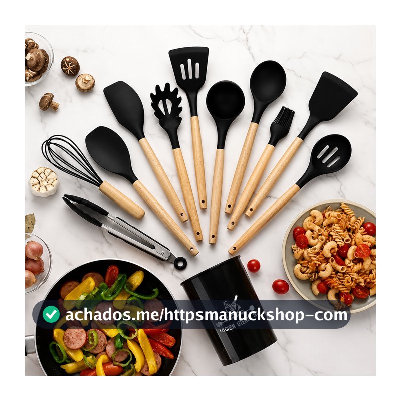 Kit Utensílios de Cozinha Silicone 12 Peças Completo Antiaderente Resistente