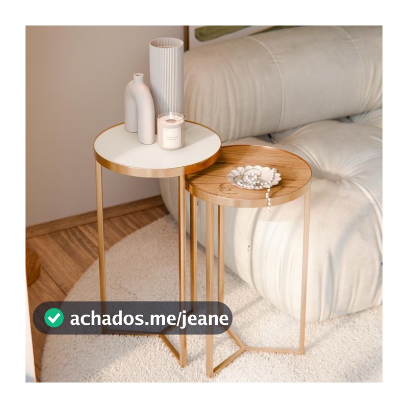 Kit 2 Mesas Apoio Lateral Canto de Sala para Decoração - Metal Dourada Tampo Off White e Cinamomo