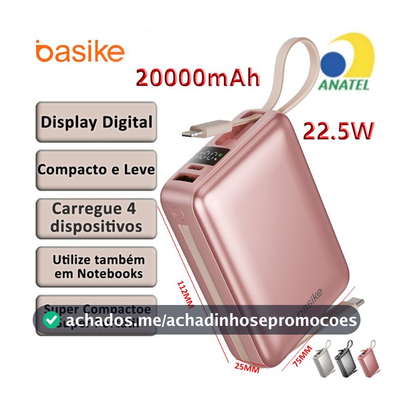BASIKE 2026 Carregador Portátil 20000mAh - Carregamento Rápido 22.5W Power Bank Carregador Saída dupla