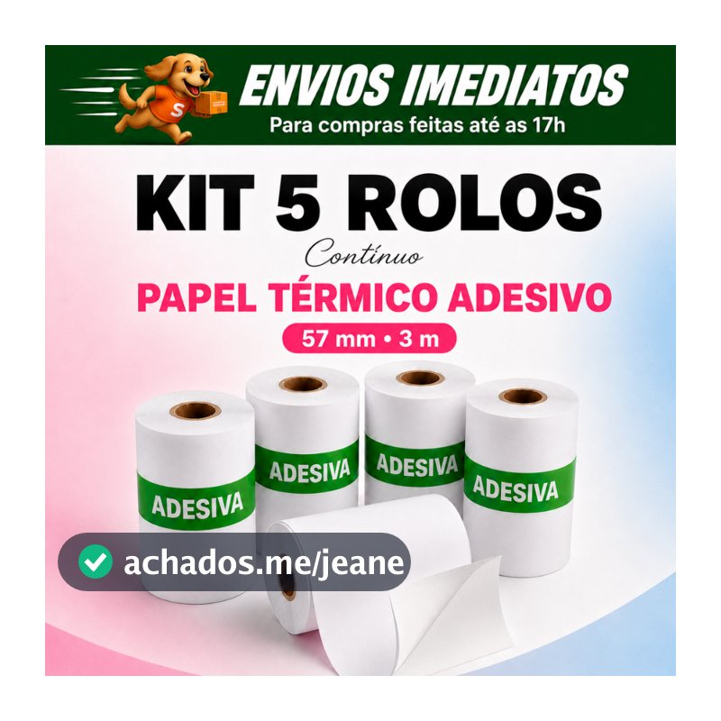 Kit 5 Rolos Bobinas Papel Continuo Adesivo Autocolante e 5 Sem Adesivo Para Mini Impressora Térmica Etiqueta Sem Tinta