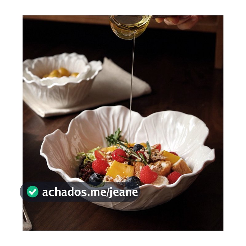 Saladeira Branco de Cerâmica de Forma Floral Porcelana Grande 23x7cm Para Servir Mesa Posta