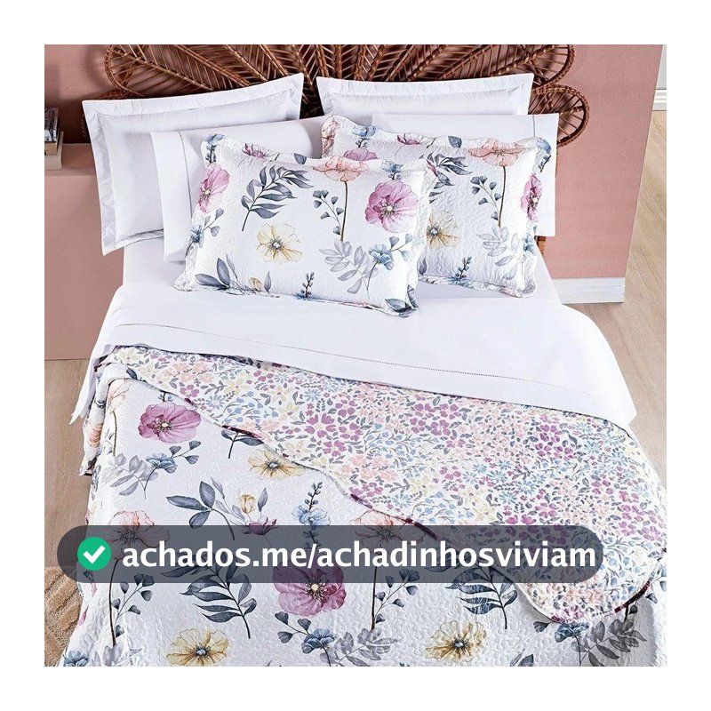 Kit Cobre Leito Colcha SOPHIA CASAL Estampado Dupla Face Floral 3 Peças -  -TOQUE DE PESSEGO