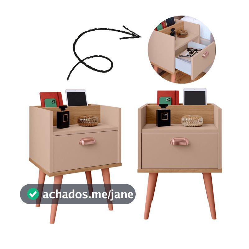 Kit 2 Mesas de Cabeceira Milena com Gaveta e Porta Celular – Criado-Mudo Retrô Moderno em MDP