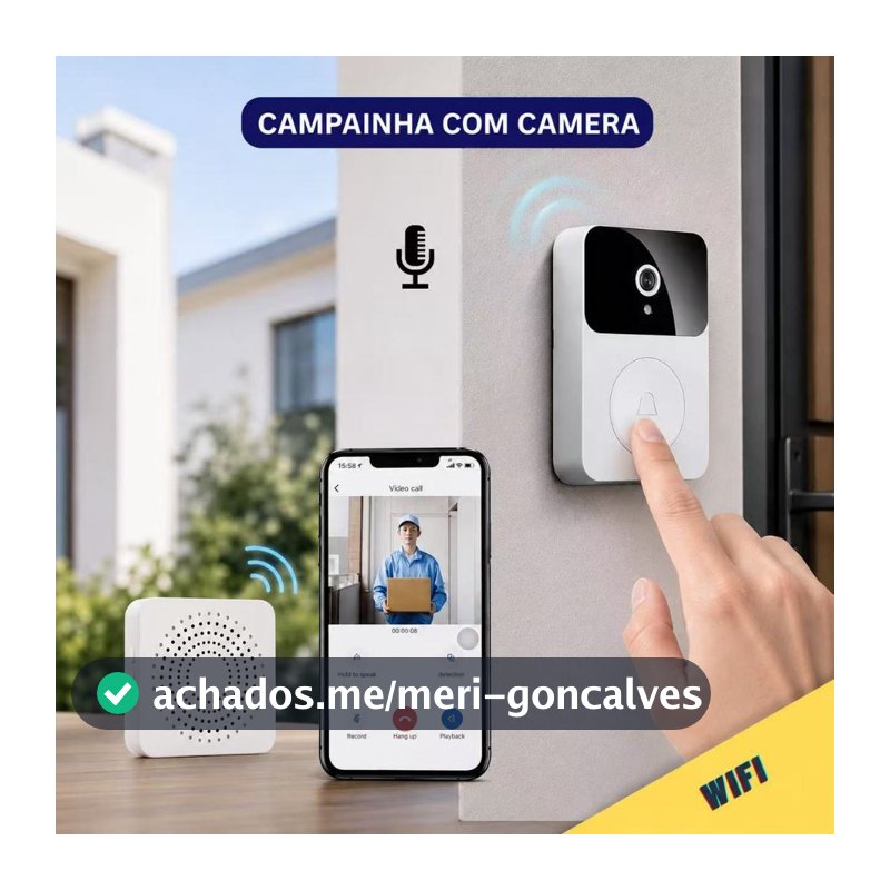 Campainha Com Câmera Vídeo Porteiro Sem Fio Wi-Fi HD Inteligente Smart Home Vê Pelo Celular -bombara
