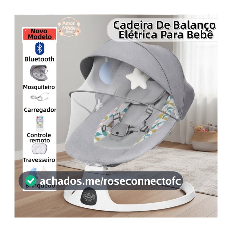 Cadeira de Descanso Balanço para Bebê com Música Mosquiteiro Controle Remoto Premium