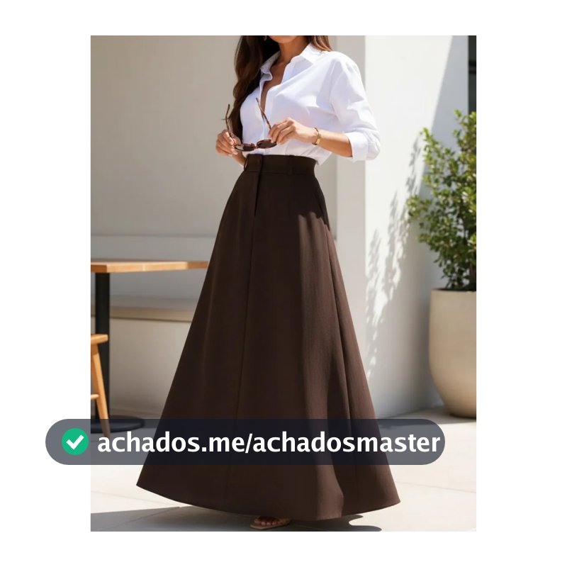 Saia Longa Midi Elegante Cintura Alta Linho Forrado Bolso Faca Ziper Frontal