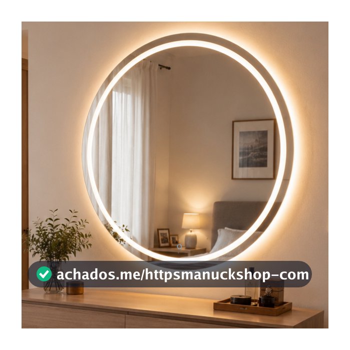 Espelho Jateado Redondo Grande com 3 Cores LED Touch Lapidado Decoração de Parede 60X60 CM