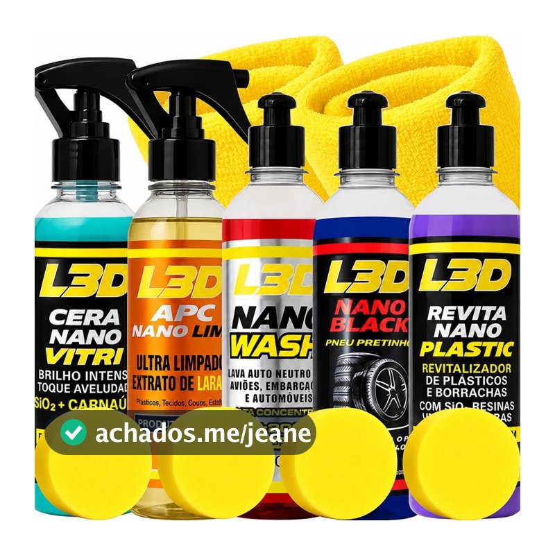 Kit Lavagem Automotiva Cera Carnaúba, Shampoo Automotivo, Apc, Pretinho, Revitalizador de Plásticos