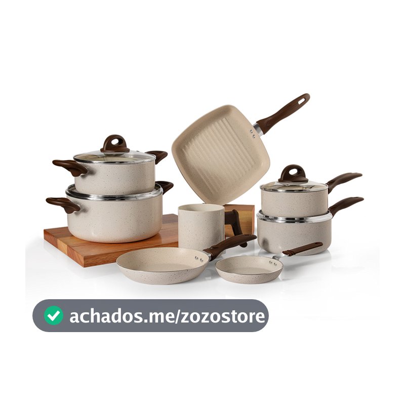 Jogo de Panelas Ceramik 8 Peças com Antiaderente Revestimento Cerâmico Nível A INMETRO PFOA Free com Bistequeira Grill