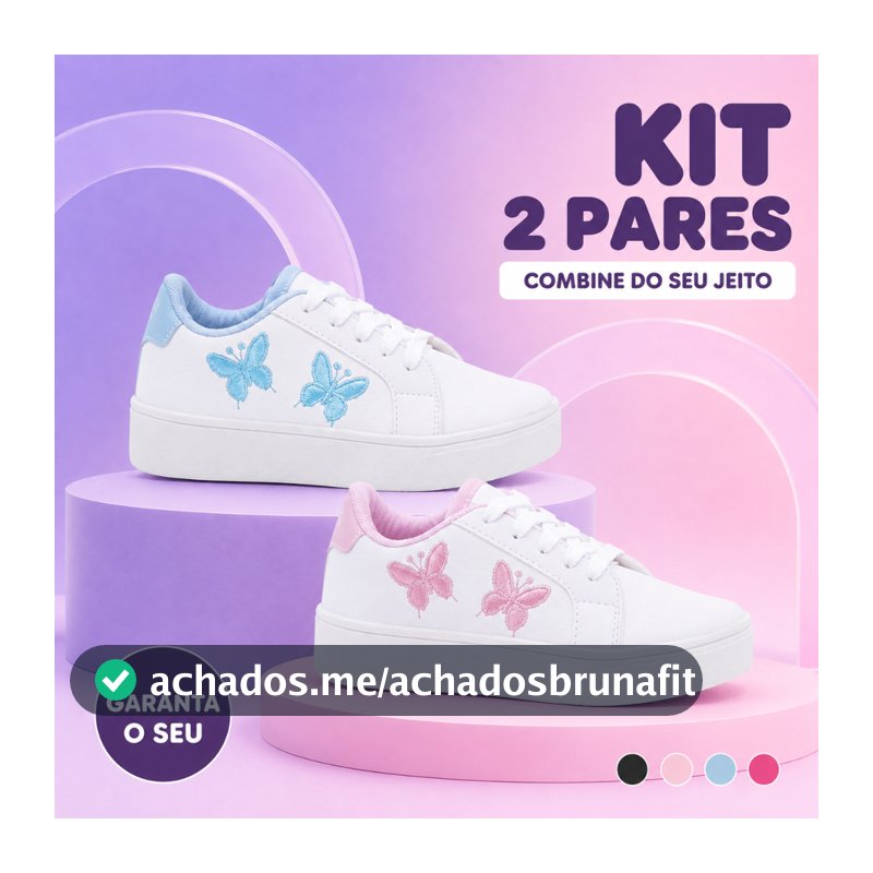 Kit 2 Pares Tênis Infantil Feminino Borboleta Bordada para Escola e Passeio Estilo Moderno