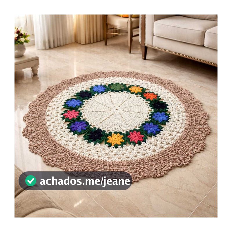 Tapete de Crochê Artesanal Redondo 90cm Flor Alto Relevo – Decorativo para Sala, Quarto e Sala de Estar