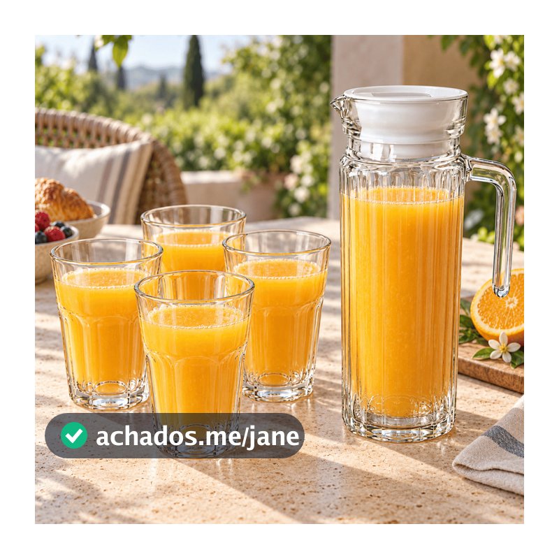 Kit 5 Peças Jarra de Vidro RETRO 1 Litro + 4 Copos Jade 340ml - Conjunto Suco Água Mesa