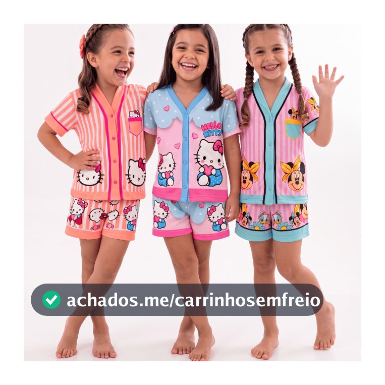 Pijama Infantil Menina Americano 3D Hello Kitty Minnie Snoopy Manga Curta e Short Verão Soft Suede Feminino 1 a 10 Anos