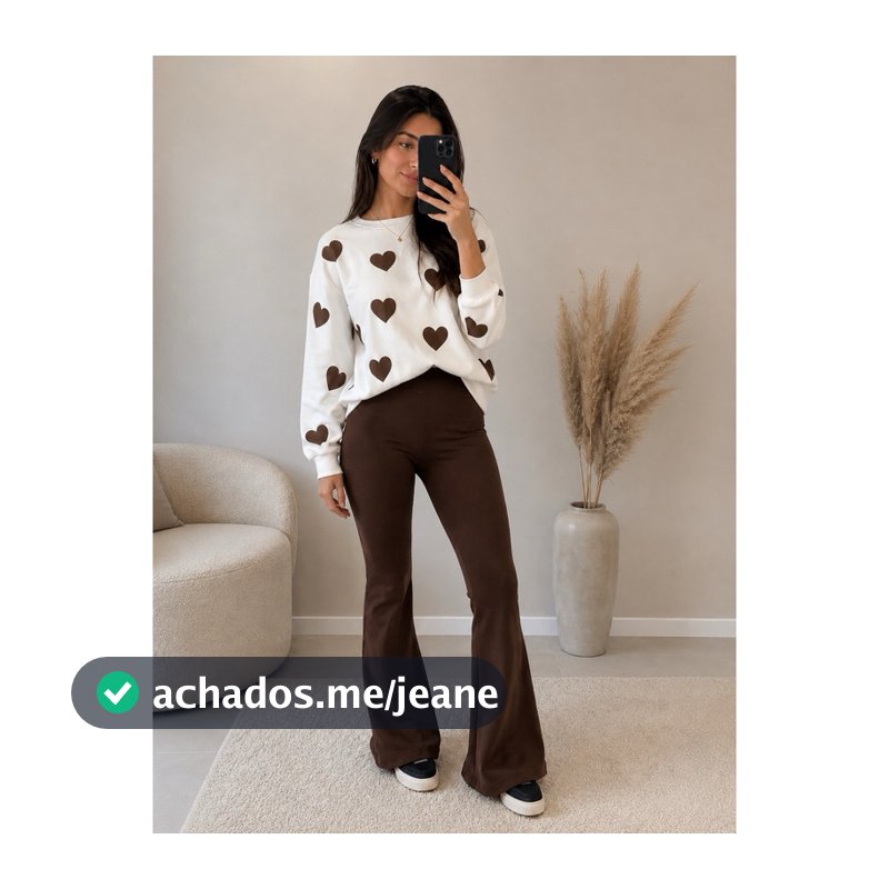 Conjunto De Moletom Feminino Blusa de Coração e Calça Legging Flare Quentinha Roupa para o frio em Alta Forrada
