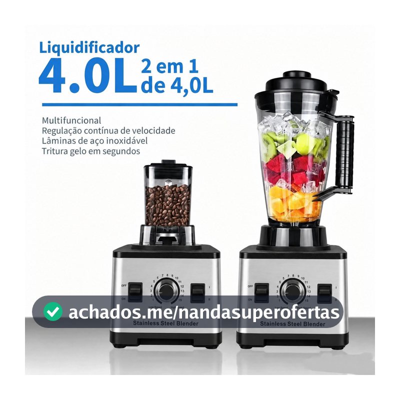 Liquidificador Industrial 1800W 4L Alta Potencia Copo Resistente Base Inox Bivolt 110V/220V