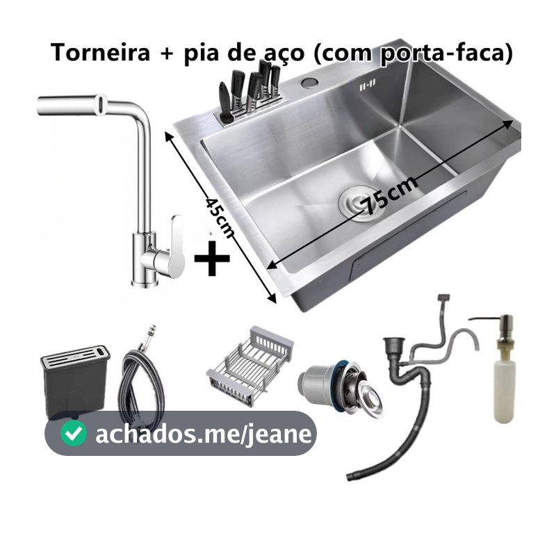 Cuba Aço Inoxidável 304 Pia Cozinha Gourmet Quadrada Escovada 75x45cm/60x45cm Com Acessórios Completa Luxo