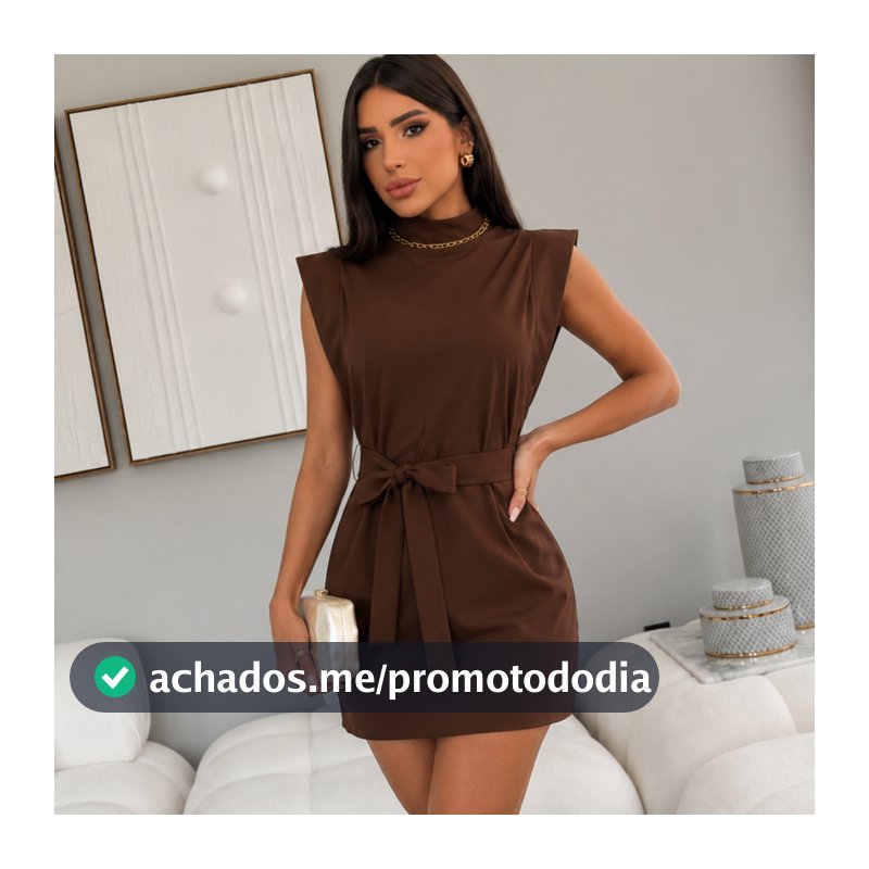 Vestido Feminino Curto de Alfaiataria Gola Alta com Cinto Ombros Estruturados para Festa P ao GG
