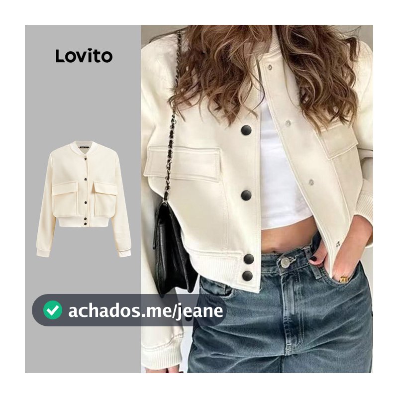 Lovito Casual Jaqueta com Bolso Lisa Primavera/Verão Preta Curta para Mulheres LNM75189
