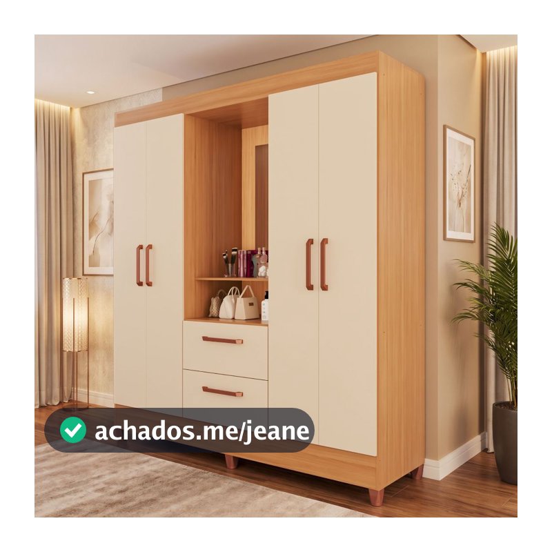 Guarda-Roupas Nápoles 100% MDF 4 Portas 2 Gavetas em Incluso Espelho e Pes/PVC