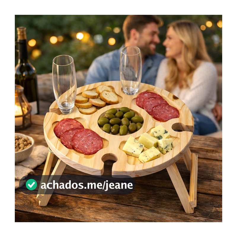 Petisqueira de Madeira com 5 Divisórias Tábua de Frios para Queijos Aperitivos com Suporte para Taças