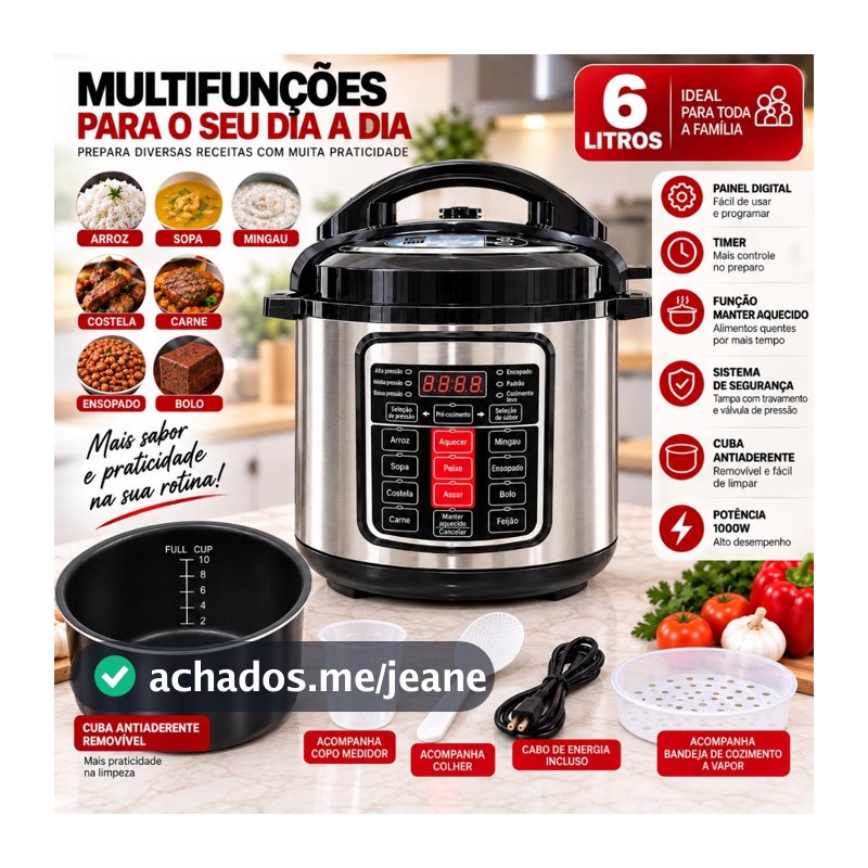 Panela de Pressão Elétrica 6 Litros 1000W Digital Alta Segurança 220volts e 127 volts