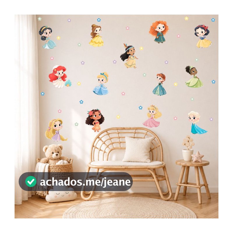 Adesivo de Parede Princesas Cute Baby Petit Flores Candy Colors Decoração Quarto de Meninas