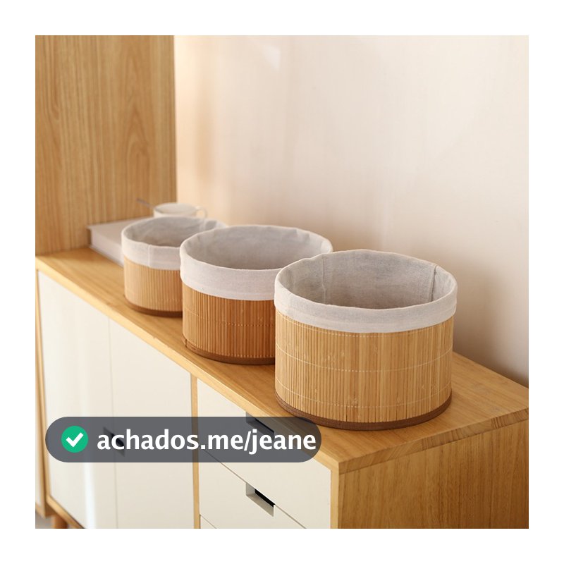 Cesto Organizador Bambu Revestimento Linho Kit 3 peças P M G - Caixa bambu redonda